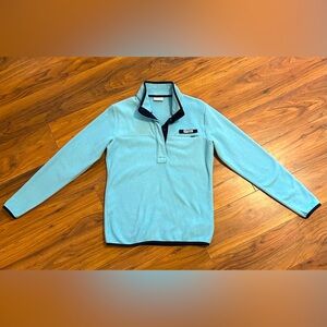 Women’s Columbia PFG snap front pullover fleece. Light blue and navy. Sporty